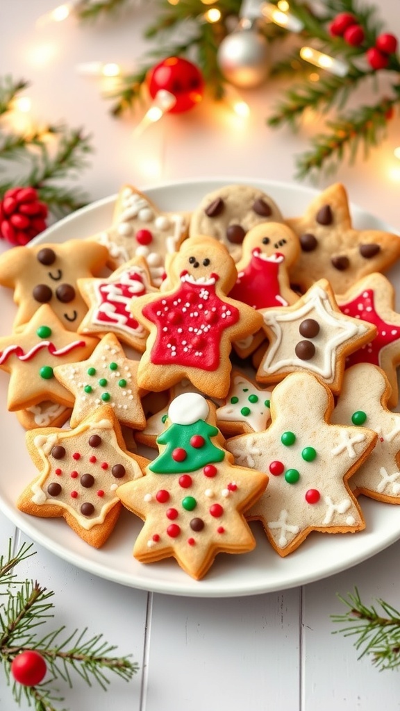 Simple 5-Ingredient Christmas Cookies A plate of decorated Christmas cookies with sprinkles and chocolate chips, surrounded by holiday decorations.